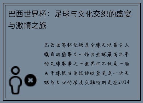 巴西世界杯：足球与文化交织的盛宴与激情之旅